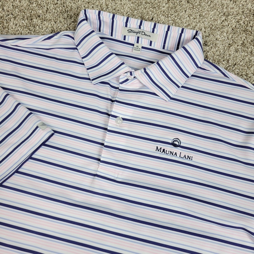 Straight Down Mens XL Blue White Red Striped Performance Stretch Golf Polo
